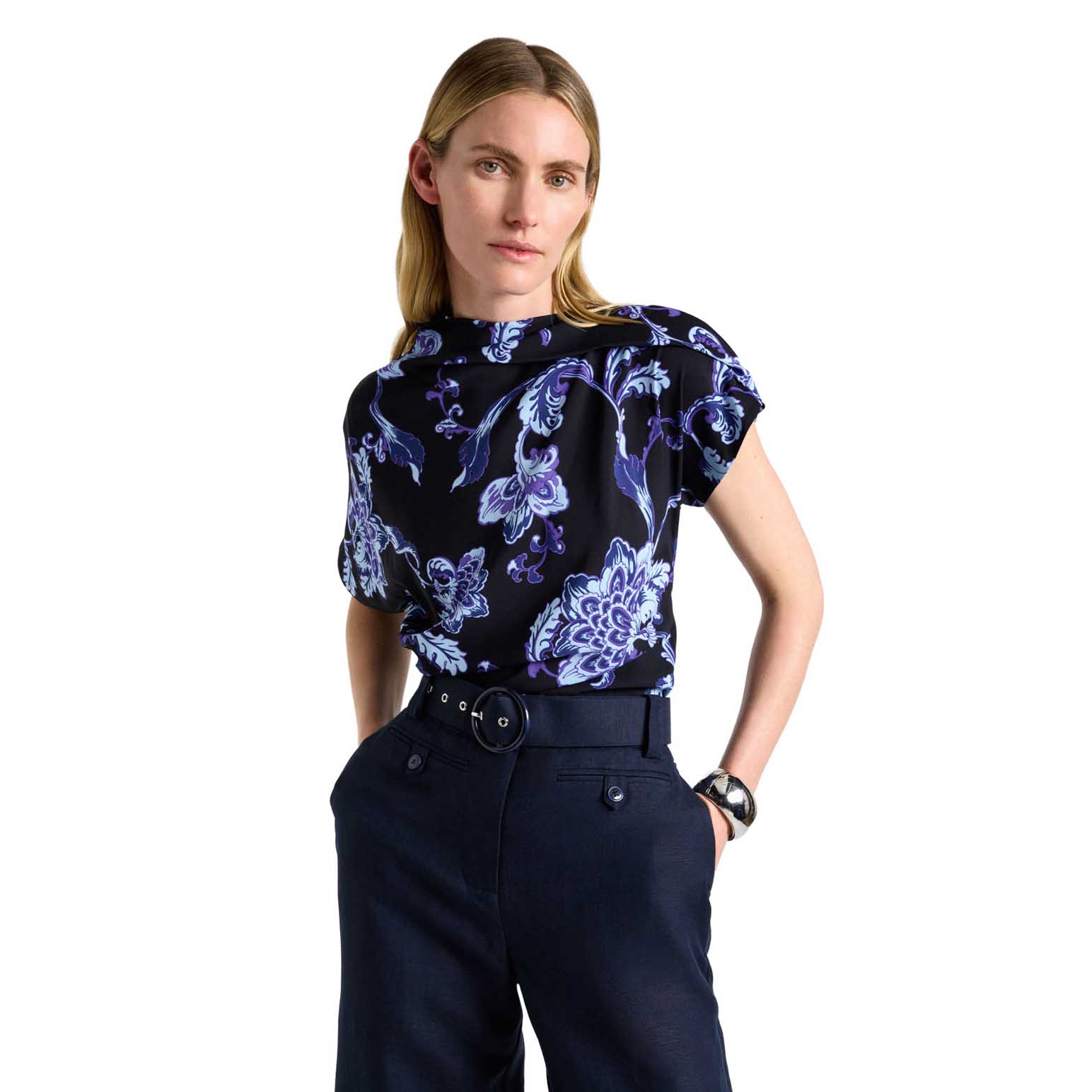Cue Blue Chintz Floral Draped Fold Neck Top
